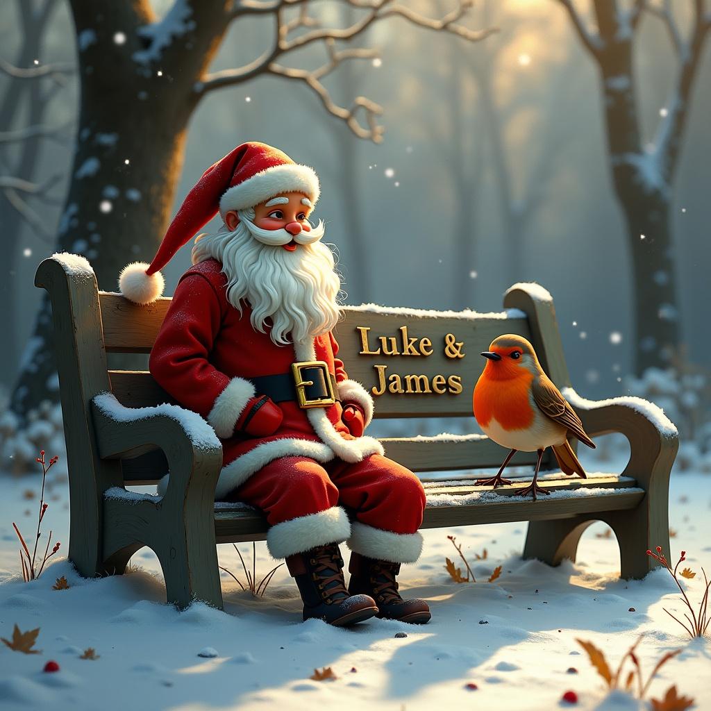 Father Christmas is seated on a bench in a serene snowy cemetery. A red-breasted robin is perched beside him. The bench is engraved with the names 'Luke & James'. Snow falls gently around. A warm, magical light enhances the scene.