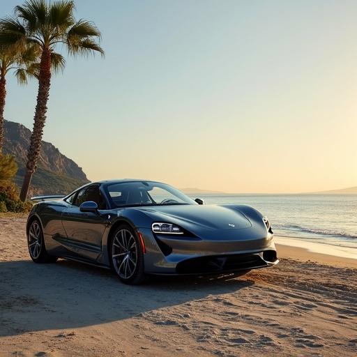 Photo of a modern car parked on a beach during summer holidays. Bright sunlight illuminates the scene with palm trees in the background.
