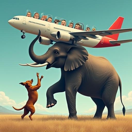 Surreal illustration of a powerful dog lifting an elephant. The elephant holds an airplane above its head. Passengers in the airplane show shock and awe. Scene has vibrant colors and dramatic lighting. Exaggerated cartoon-like expressions on passengers.