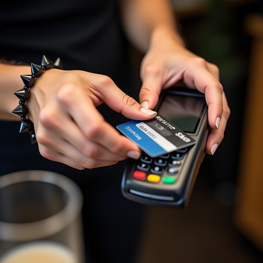 A person is using a card payment machine in a commercial setting. Their hands are shown holding both the machine and a visible credit card. The card details are partially obscured, but it highlights a credit card's usability in real life. The individual is wearing a black spiked bracelet, adding to a modern aesthetic. The background suggests a casual retail environment. This image can be used to illustrate concepts related to modern payment methods.