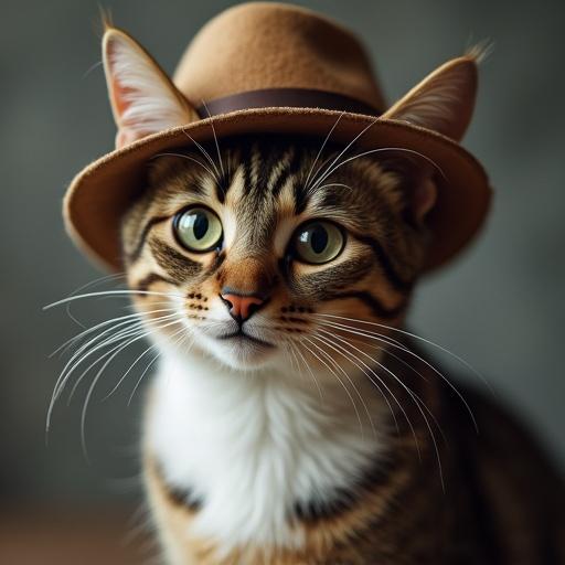 A cat wearing a stylish hat. The cat has large, expressive eyes and a fluffy coat. The hat is a tan color with a wide brim, adding a playful touch to its appearance.