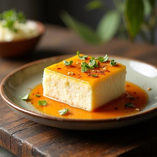 Image of tofu served on a warm-toned plate. Background of a kitchen with a blurred effect. Soft lighting enhances the dish's appeal. Tofu garnished with herbs and sauce on a rustic table.