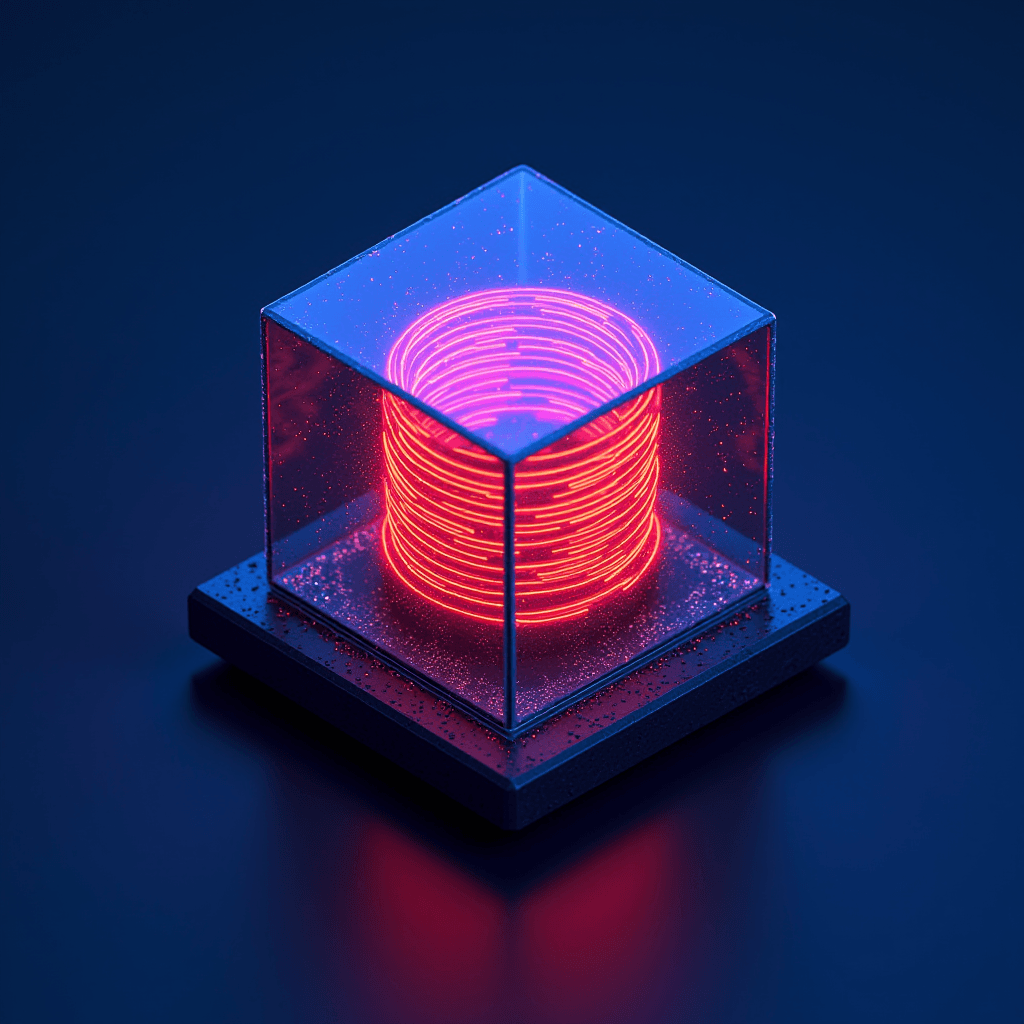 A vibrant, glowing spiral of pink neon light encased within a glass cube resting on a textured black base against a deep blue background.