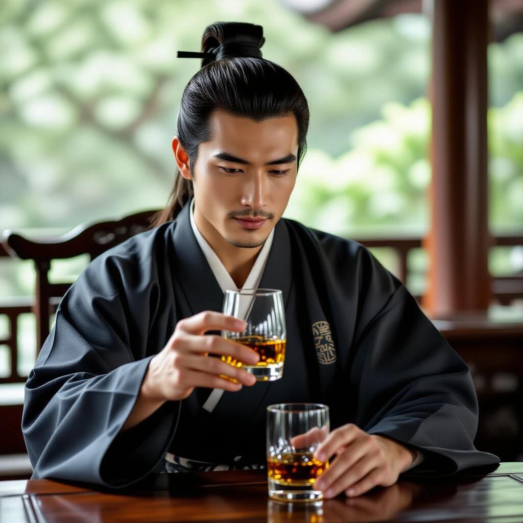 Closeup shot of an ancient Chinese scholar. The scholar enjoys glass of whiskey. The setting is tranquil with soft natural light. The scene features traditional attire and a whiskey bottle on the table.