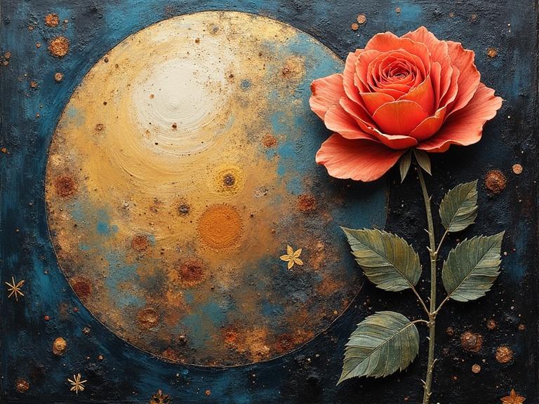 Masterpiece artwork featuring a large moon and a detailed rose. Mixed media collage with textured elements. Impasto technique with luminous colors. Beautiful and stunning composition. Magical and evocative feel.