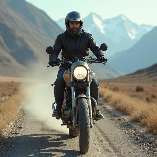 A realistic image shows a bike rider on a motorcycle in the northern areas of Pakistan. The rider wears a black jacket and helmet. The background features majestic mountains and a clear sky. Dust rises from the dirt road. Focus on adventure and nature.