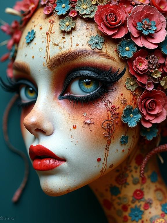 Masterpiece of 3D multi-layered art featuring a feminine face adorned with colorful flowers. Encaustic mixed media style inspired by famous artists. Whimsical details and vibrant colors create a striking aesthetic.