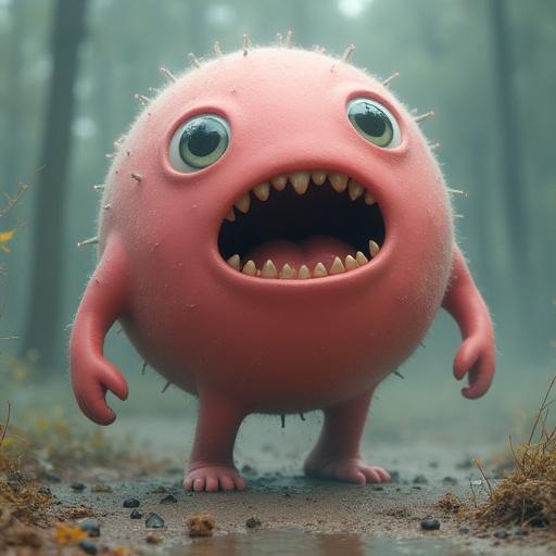 A pink blob monster with large eyes and sharp teeth. No legs. Set in a misty forest environment. Soft lighting gives whimsical vibe.