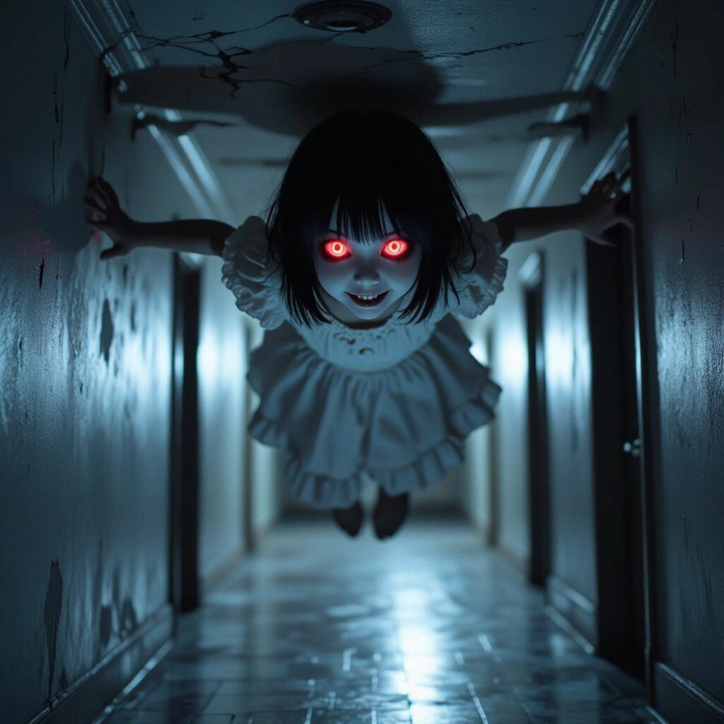 Young Japanese ghost girl crawling on the ceiling in a long dim hallway. Bright red eyes and creepy grin. Unnatural head tilt. Wears a frilly white dress. Stained walls. Dark lighting. Horror theme.