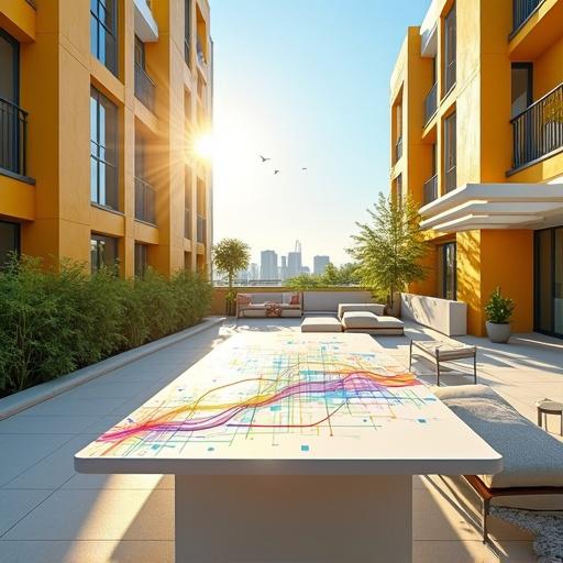Sleek modern table in a vibrant rooftop apartment complex. Table has colorful interconnected graphs symbolizing tech advancements. Surrounding structures are yellow and white with warm sunlight. Lush greenery and comfortable seating enhance the atmosphere. Inviting space for brainstorming and creativity.
