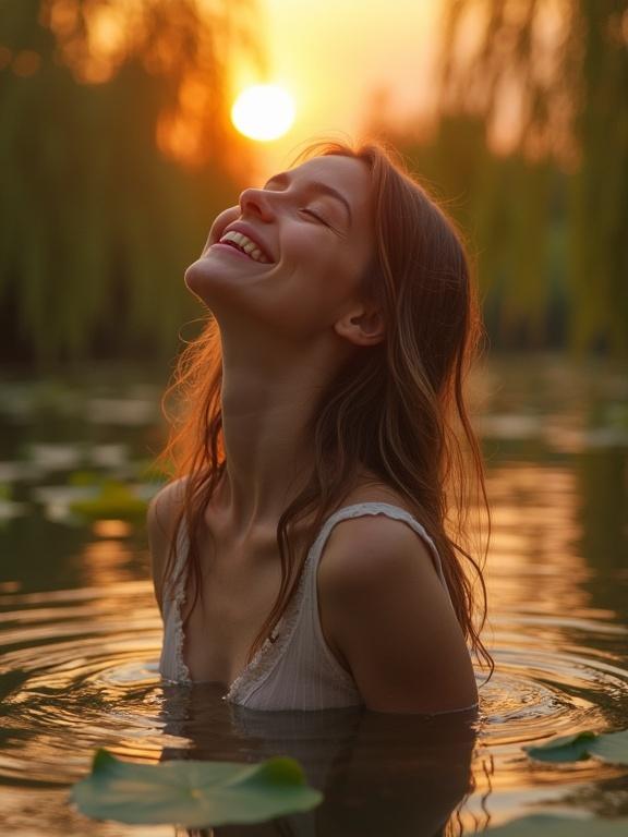A woman stands peacefully in water at sunset. She smiles gently with closed eyes. Surrounding are ripples and silhouettes of willow trees. A yellow lily pad floats near her hand. The scene radiates calmness and a dreamy atmosphere.