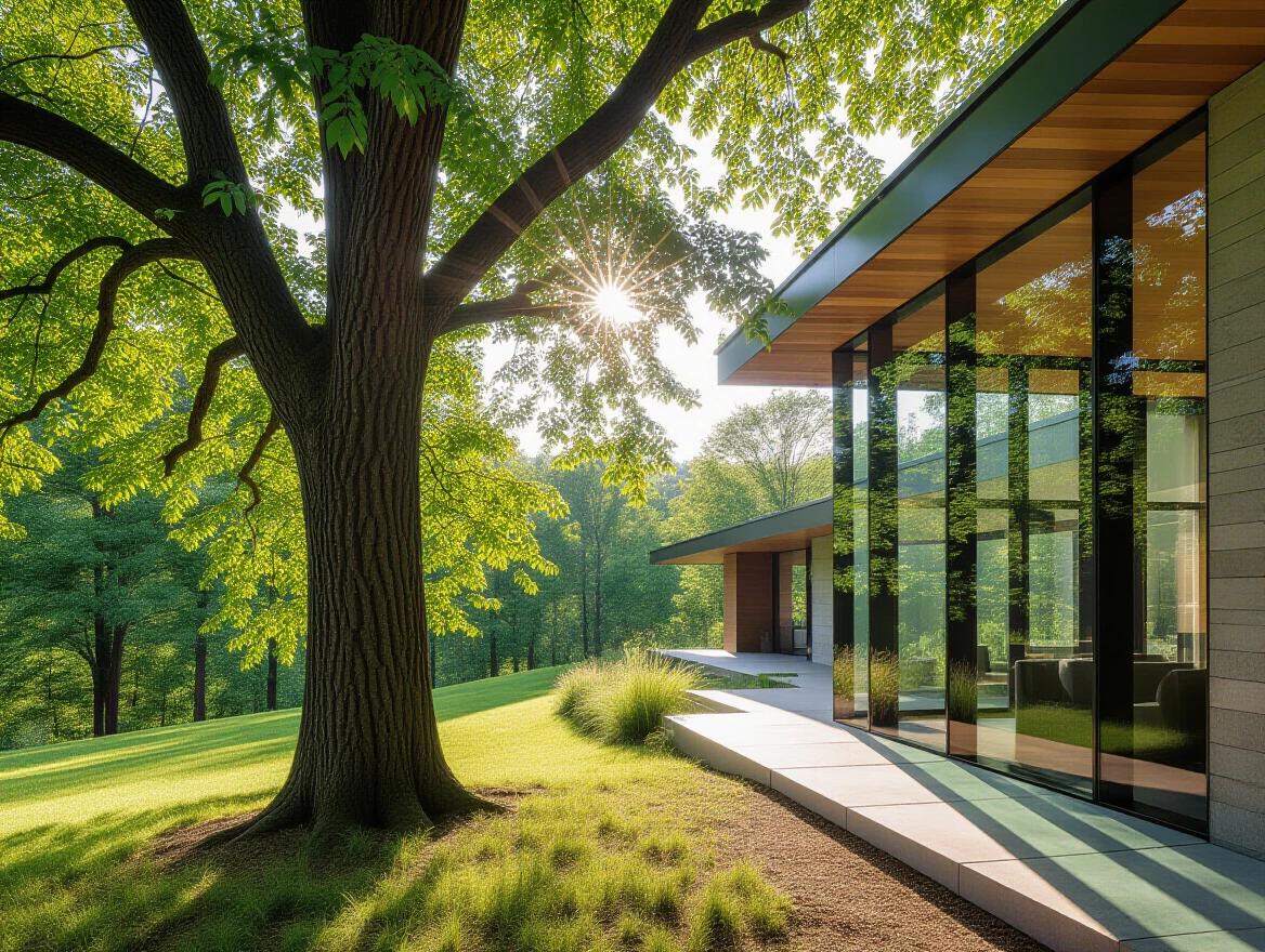 A photo depicting a natural outdoor scene with a tall lush tree and a modern house. The tree casts a shadow on the ground. The house showcases a transparent glass facade. Sunlight filters through the tree's leaves. Interplay of light and shadow is emphasized. The style is naturalistic with high detail.