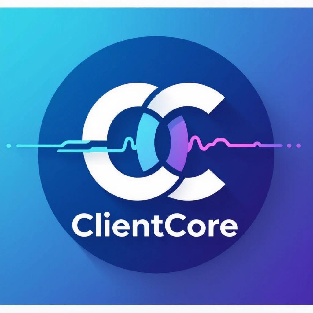Logo design for tech startup ClientCore.Light blue,purple,white colors. Features two Cs with core streaks through them. Logo stands alone.