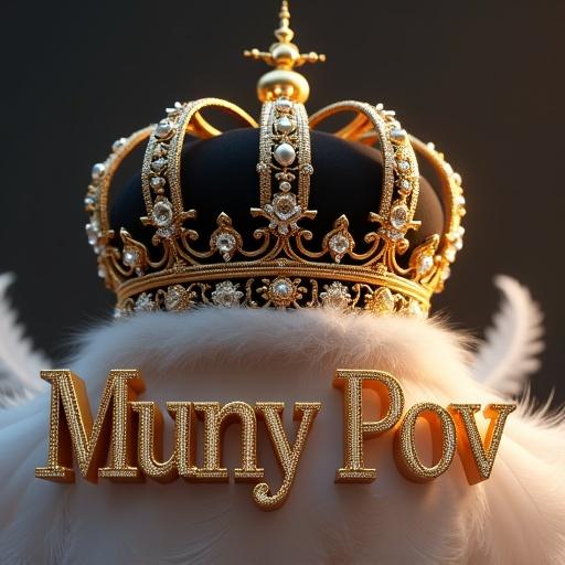 3D render of a black and gold crown above the words Muny Pov in gold font. Crown detailed with gemstones. White feathers around the text. Soft light enhances highlights and shadows.