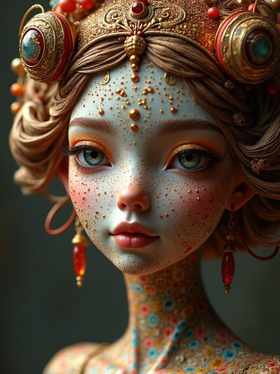 Hyper-detailed close-up of a female bust rendered in 3D style. Features zentangle elements and Droste effect. High-resolution artwork.