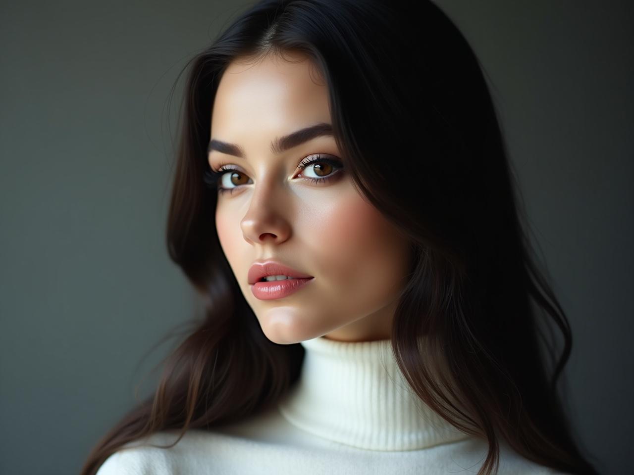 A portrait of a young, beautiful woman with long, dark hair and expressive dark eyes. She is wearing a sleek white turtleneck that contrasts beautifully with her glowing, silky skin. The image is captured as a close-up, with her gaze directed slightly to the right of the camera, exhibiting a neutral and almost melancholic expression. Her makeup is maximum, highlighting her glossy lips that add a touch of elegance to her overall look. The lighting is soft and diffused, creating a calm atmosphere, and the background is a gradient of gray and dark tones, enhancing the focus on her face. The photograph is of high quality and showcases realistic details and textures, perfect for professional use.