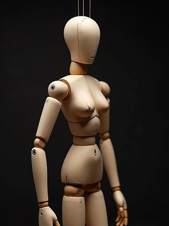 Wooden puppet figure. Marionette puppets controlled by strings and hand manipulation. Posed human model for puppet theater.