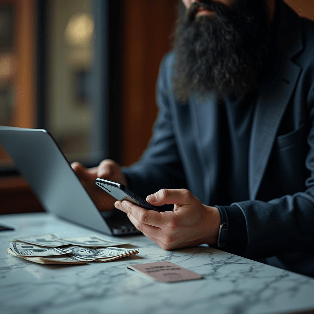 A bearded man in a dark suit uses a smartphone and laptop at a marble table with a passport and cash nearby.