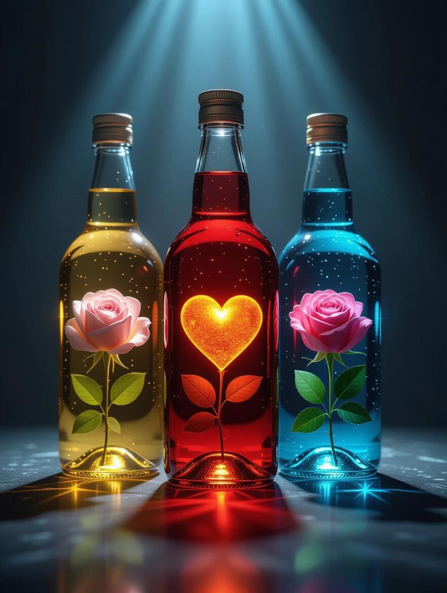 Create three glass bottles with different colored liquids. Each bottle holds a separate element: a clover, a heart, and a rose. Use yellow for the clover, red for the heart, and blue for the rose. Place these against a dark and moody backdrop. Illuminate the bottles with a soft halo of light to highlight their features. The image should be ultra-realistic and detailed in 4K quality.