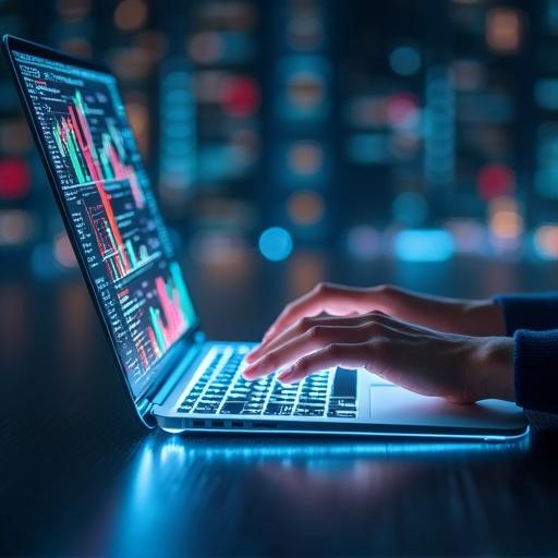 Creative shot of a person using a sleek financial app on a futuristic laptop. Background shows glowing stock charts and data visualizations. Represents mobile banking and investment.