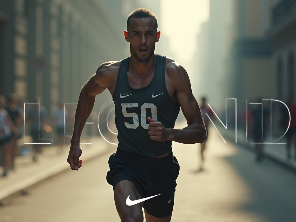 Create a cinematic Nike-style advertisement poster of a male runner in mid-stride, posing similarly to a referenced runner. His shirt should display the number "50" with the name "Remco" above it. The environment should convey intensity and motion with sharp light rays, subtle street haze, and strong directional shadows. The runner is clad in sleek, modern Nike running gear in black, charcoal, or slate tones. The composition must evoke speed, power, and grit—incorporate motion blur in the background and a subtle dust or sweat effect on the runner for added realism. Use bold but minimal typography with the slogan “LEGEND” centered at the top, placing the runner prominently in front of the text. The Nike logo should be positioned professionally within the image, such as in the bottom corner. Ensure a photorealistic representation by exacting details of the runner's face, eyes, mouth, nose, skin tone, and hair match the reference photo, portraying the runner as focused and athletic with a similar skinny build.