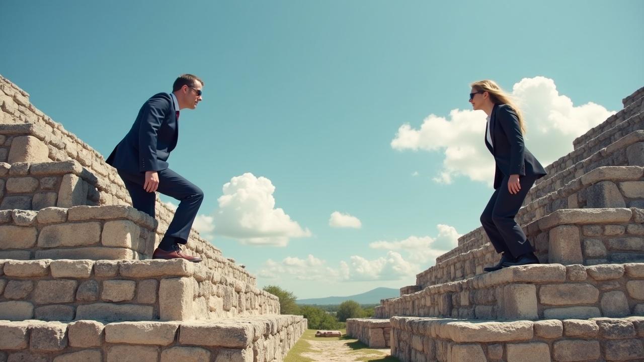 Two climbers in business suits are ascending El Castillo, a historic pyramid. The first climber, on the left, struggles to make his way up the steep terraced steps. Meanwhile, the executive on the right gracefully climbs using the staircase. The scene captures a bright day with a blue sky and puffy white clouds serving as the backdrop. The contrasting efforts of the two climbers symbolize different approaches to challenges in the business world. This image conveys themes of perseverance and strategic thinking.