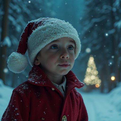 A child with wide eyes displays amazement and fear in a snowy night scene. Witnessing a shadowy figure striking Santa Claus on the head with a shovel. Dim Christmas lights flicker on nearby decorated houses.