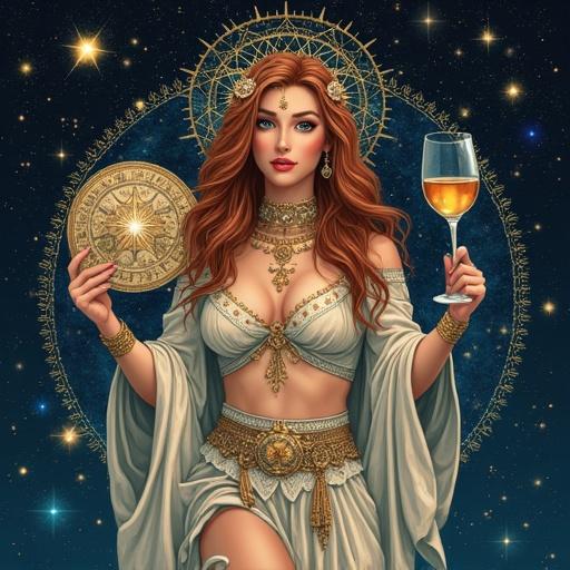 A cosmic female figure holding wine glass and astrology chart. Surrounded by zodiac symbols and stars. Wearing glittery space-boots. Humorous spiritual goddess look. Mix of elegance and sarcasm.