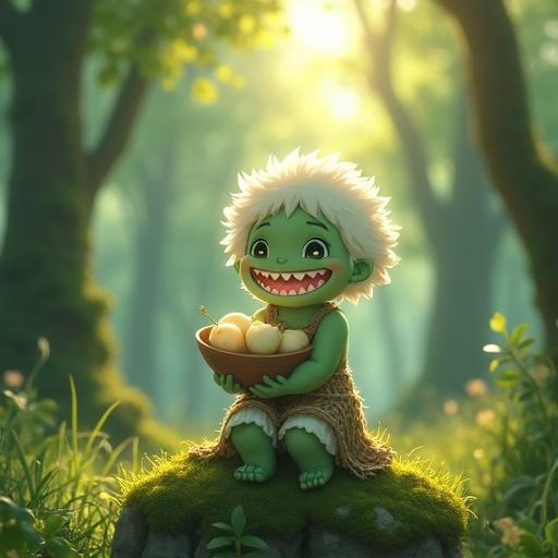 In a forest clearing, an anime-style girl with a green face and white hair sits on moss. She smiles widely and holds glowing fruit in a bowl. She wears a bark dress. Sunlight shines through trees, creating a peaceful atmosphere.