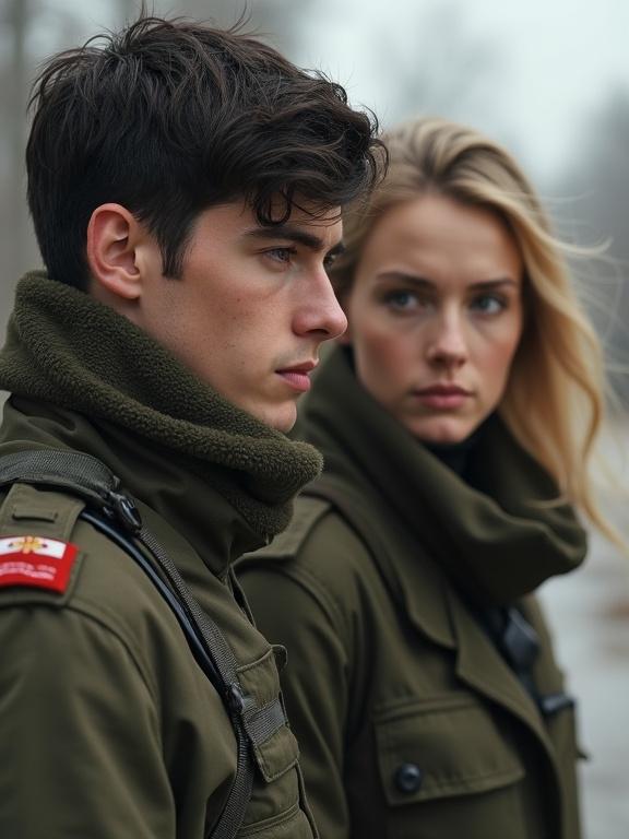 Photorealistic image of a full figure shot of a young male soldier during the Cold War. The soldier has dark hair and is in Moscow. There is also a young female soldier with blonde hair. The lighting is bright and natural with a significant depth of field.