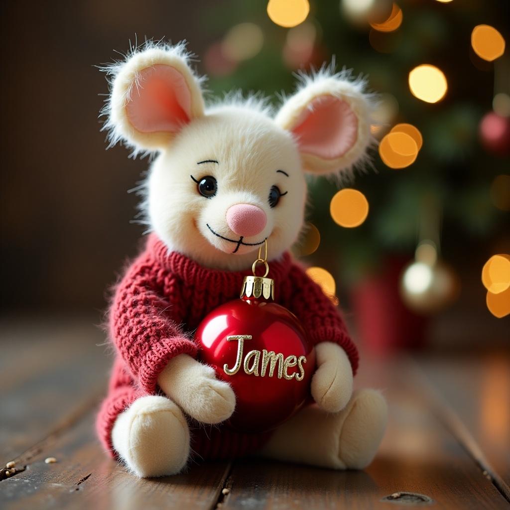 A plush mouse named James is sitting comfortably on a wooden floor. The mouse is wearing a cozy red sweater and is joyfully holding a shiny red Christmas bauble with the name 'James' on it. In the background, a beautifully decorated Christmas tree is softly blurred, with warm golden lights twinkling. The setting evokes a delightful holiday atmosphere, perfect for children or festive celebrations. This image captures the essence of Christmas joy, making it ideal for holiday-themed content.