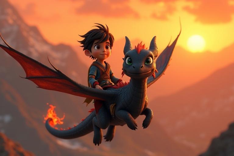 Vibrant scene of a boy riding a dragon against a fiery golden mountainous backdrop at sunrise. Expressive faces showing excitement. High-quality 3D cinematic animation with hyper-realistic textures.
