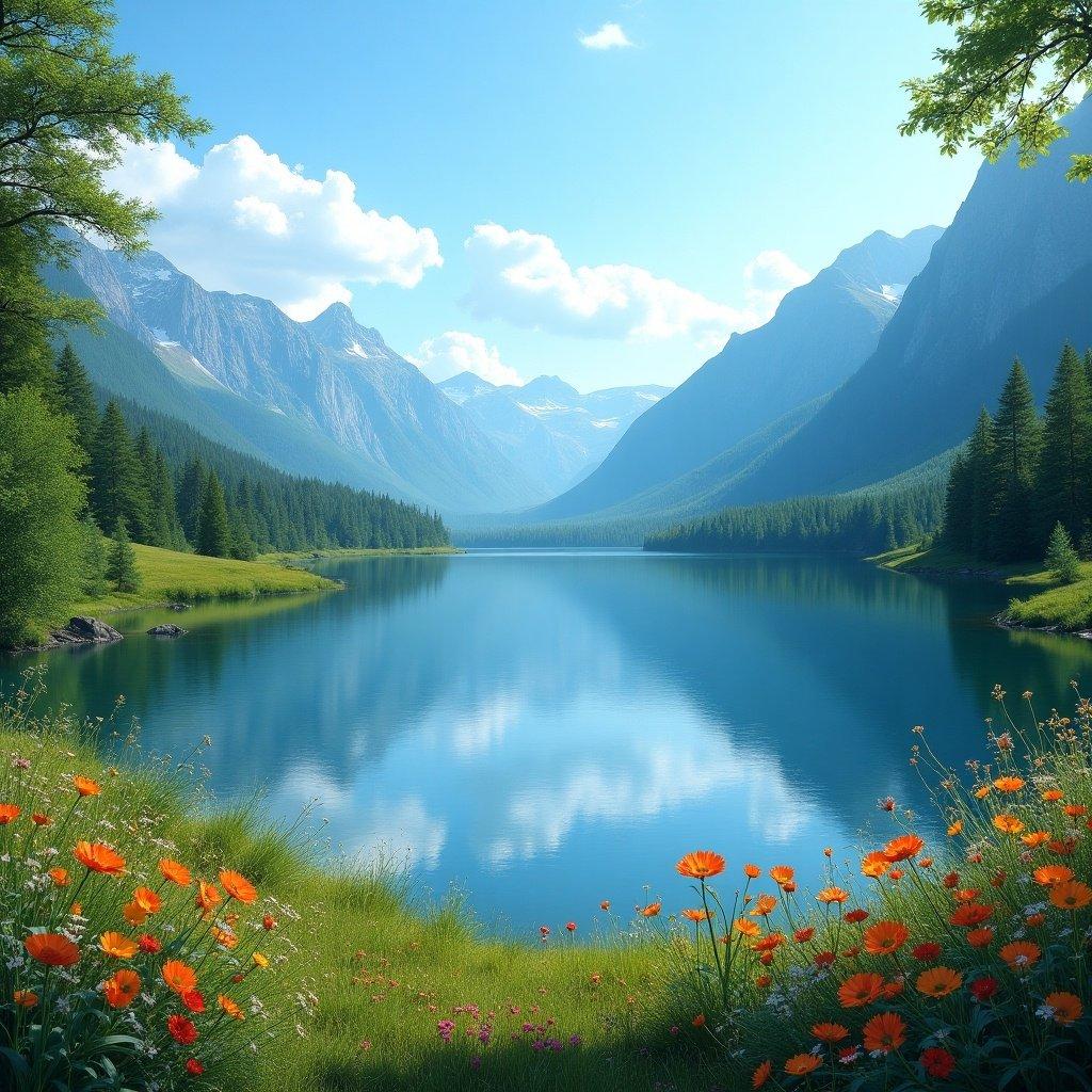 A stunning view of a serene lake surrounded by majestic mountains and colorful flowers. Bright blue sky enhances the picturesque landscape.