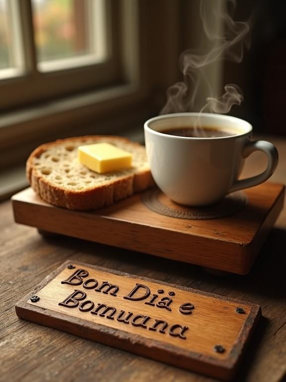 A hyper-realistic retro-style photograph showcasing a steaming cup of coffee next to a rustic bread slice with melting butter. Items on a worn wooden table with visible grain. Warm golden light enhances steam and butter. A rustic plaque in front says Bom Dia e Boa Semana, engraved and recessed.