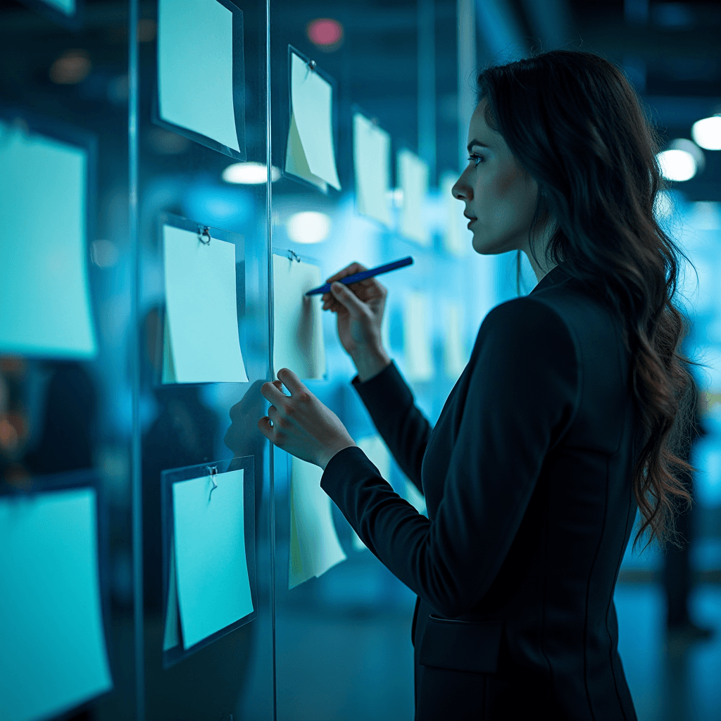 A woman writing on sticky notes on a glass wall in a modern office setting.