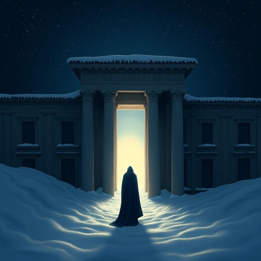 A cloaked figure stands in a snowy landscape in front of an enormous, glowing door. The door is created with ancient architecture, featuring columns and a radiant light that contrasts sharply with the dark, starry night. The snow blankets the ground, creating a serene yet mysterious atmosphere. The focus is primarily on the figure and the door, symbolizing a journey or a significant transition. The imagery evokes feelings of hope and anticipation, inviting viewers to ponder what lies beyond.