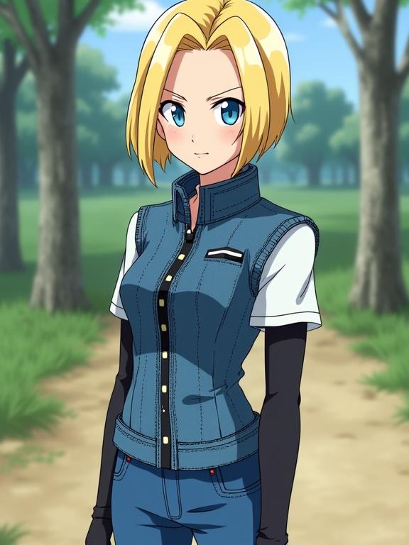 Android 18 stands in an outdoor setting wearing a blue denim vest and black sleeve shirt. She has short blonde hair and blue eyes. Trees and grass are in the background. The image is a digital anime illustration with shallow depth of field and natural lighting.