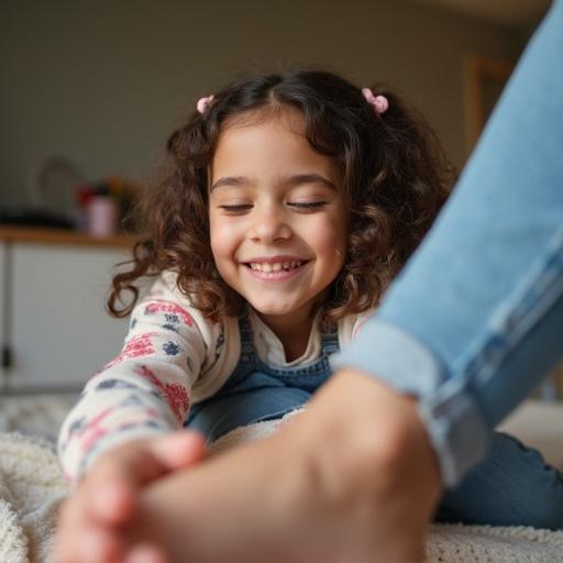 Happy girl smiling while grabbing friend's foot in a casual home environment. Close-up composition with natural light focusing on the positive emotion shared between children.