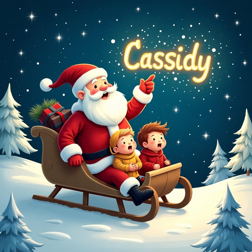 A whimsical illustration features Santa Claus sitting on a sled in a snowy landscape. He is joyfully writing the name 'Cassidy' in the sky with a sparkling light. The scene is filled with fluffy snow-covered trees and a cozy, festive atmosphere. Two children sit in the sled, looking amazed at Santa's magic. It's a beautiful night with twinkling stars and a feeling of holiday joy. The image encapsulates the spirit of Christmas and the joy of giving.