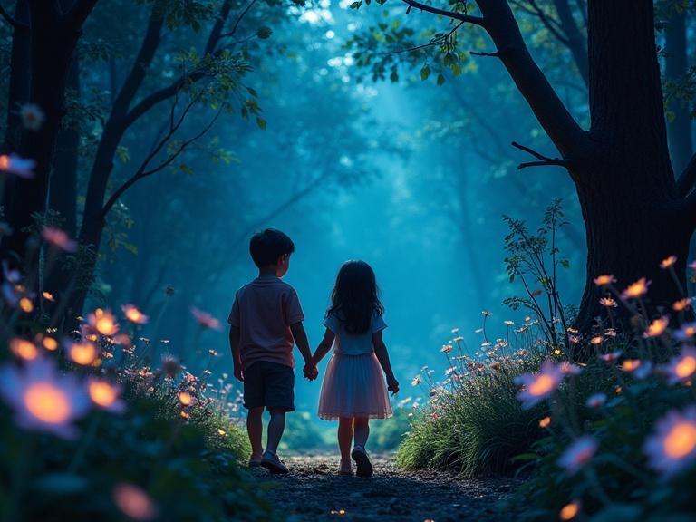 Children step hand-in-hand into a glowing forest. Camera reveals oversized glowing flowers and vines. Boy looks around stunned then smiles at the girl. They walk on a luminous moss path with glowing feet.
