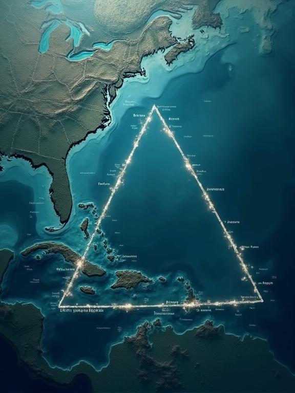 Map showing the Bermuda Triangle in the Atlantic Ocean. Area highlighted with a glowing outline. Deep blue ocean surrounding the triangle. Mysterious atmosphere suggested by fog.