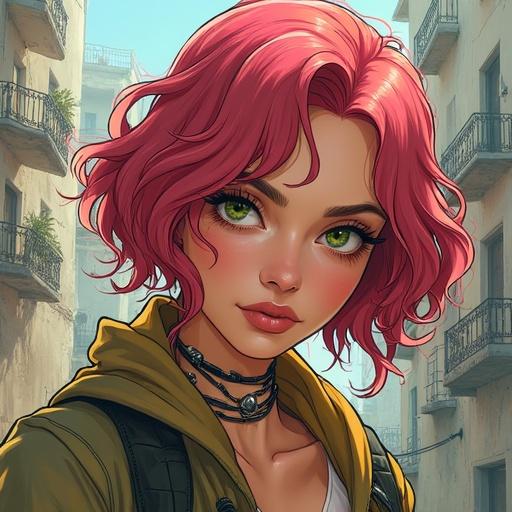 Drawing of a woman with pink hair and green eyes in a post-apocalyptic city. Woman has a stylish look and wears a hoodie. Background features urban architecture with a sense of decay.