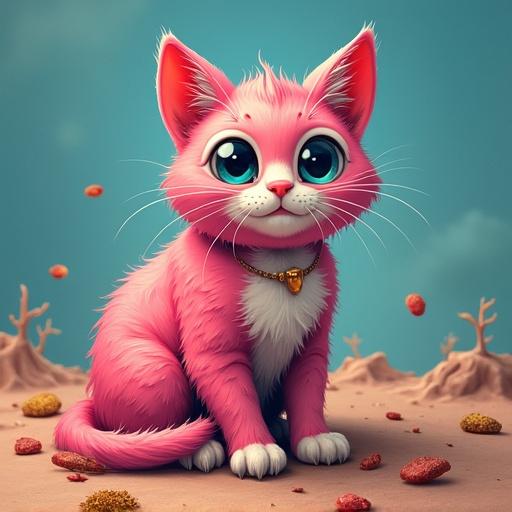 A whimsical illustration of a pink cat with large expressive eyes. Cat has fluffy fur and wears a gold necklace. Background features a surreal landscape with soft colors.