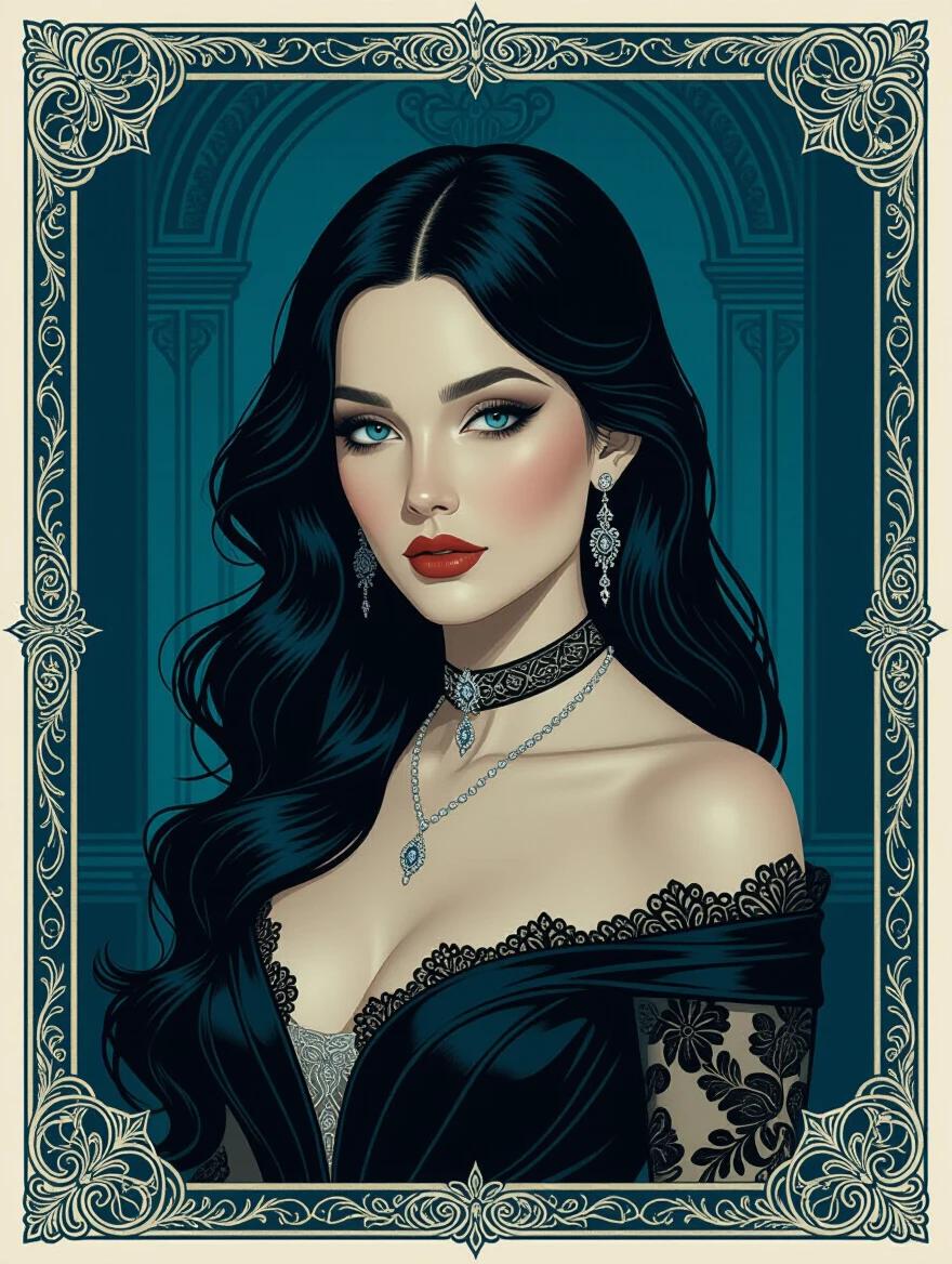 Oil portrait shows black haired pale woman wearing black ornate gown with jewelry. Background features dark colors with geometric designs. Art Nouveau border frames the image.