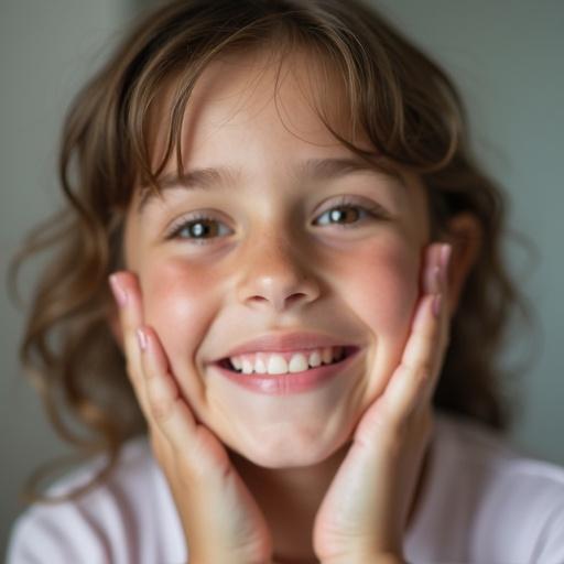 Close up of a smiling girl with her hands against her face. The girl's hair is wavy. The background is softly muted. Warm tones create a cheerful feeling.