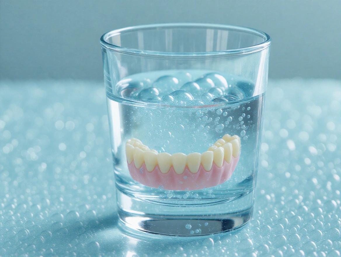 Close-up of a glass with fizzing mint-blue bubbles. Partial denture is submerged in water. Bright and clean image.
