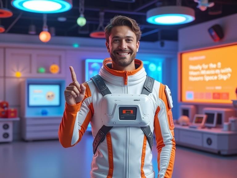Image of a man in white and orange astronaut suit in a spaceship-themed studio for kids. Studio features glowing panels, hanging cartoon planets, colorful LED lights and toy rockets. Large screen displays message about Moon Mission with NoxToons Space Ship. Man smiling and pointing upward at viewers.