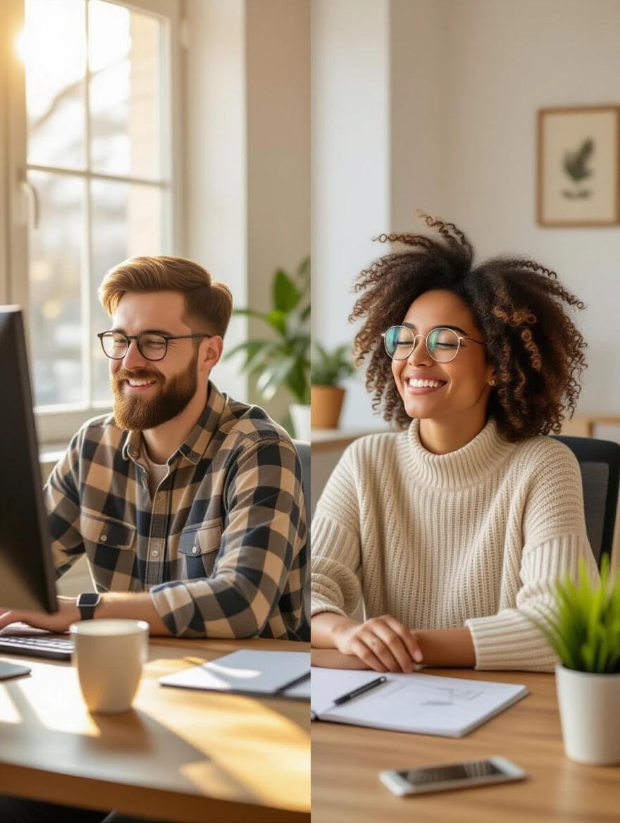 Two people at work desks. Left shows a tired person. Right shows relaxed happy person. Natural lighting. Warm colors. Photorealistic. Creative photography. Storytelling composition.