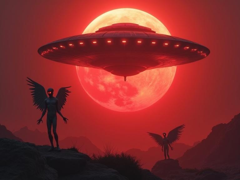 Red hell scene with a saucer-shaped UFO above, gray aliens characterized by shiny red eyes and angelic wings in the foreground.
