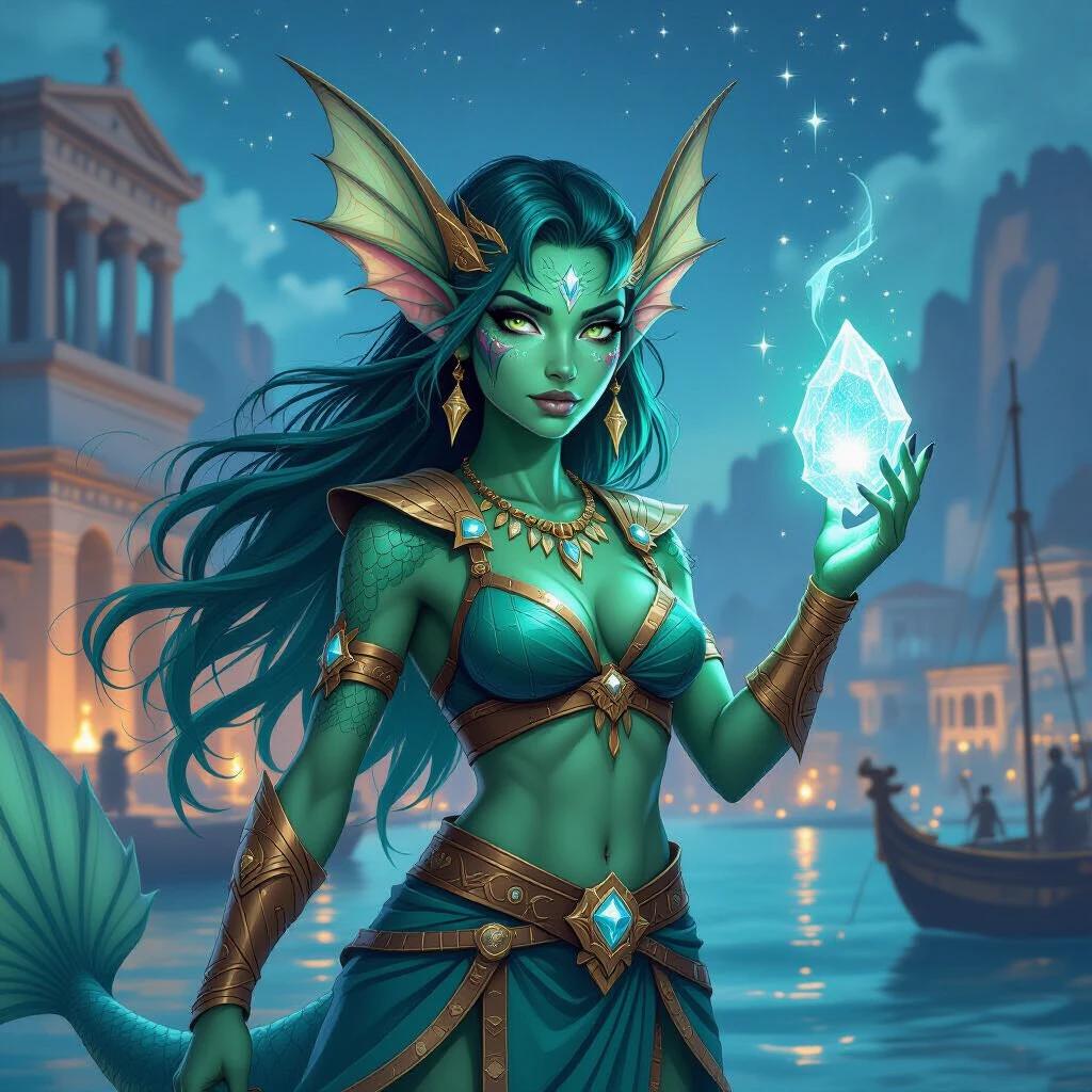 Fantasy portrait of a Triton fish-person female. Sharp finned ears and green-blue scaled skin. Wielding magic with a glowing crystal. Wearing Ancient-Greek-Fantasy clothing. Long green-blue hair flowing. Set in an ancient Grecian port city background.